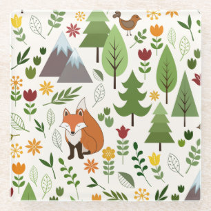 Scandinavian Style Illustrations on Cream Pattern Glass Coaster