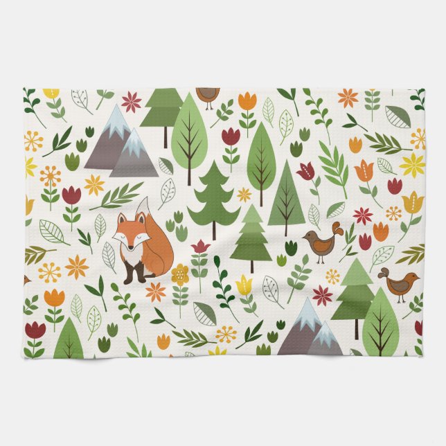 Scandinavian Style Illustrations on Cream Pattern Kitchen Towel (Horizontal)