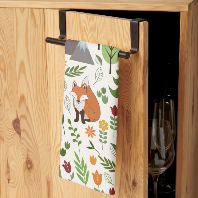 Scandinavian Style Illustrations on Cream Pattern Kitchen Towel (Thirds Fold)