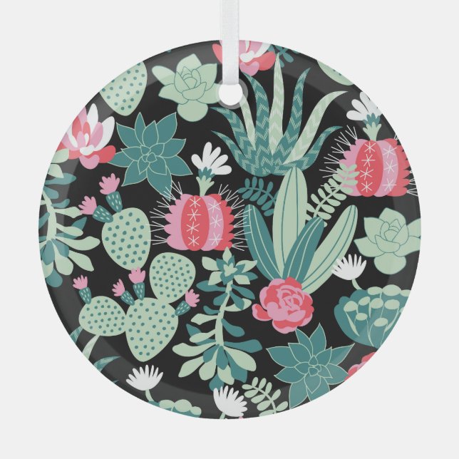 Scandinavian Style Succulents Seamless Pattern Glass Ornament (Front)