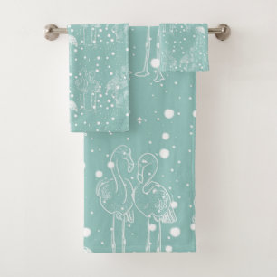 Scandinavian Style White Flamingos on Light Teal Bath Towel Set