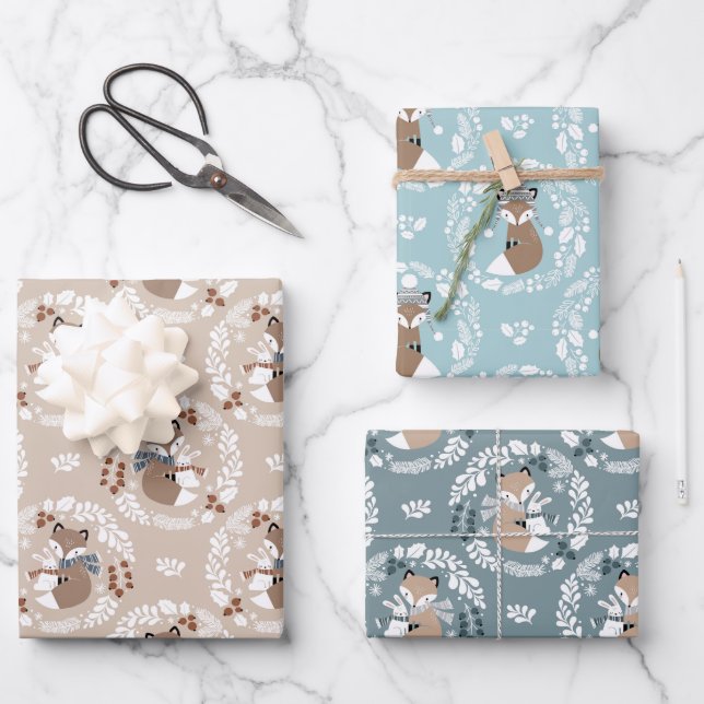  Scandinavian Style Woodland Fox and Bunnies  Wrapping Paper Sheet (Front)
