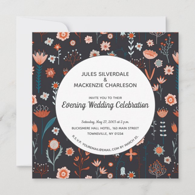 Scandinavian Summer Flowers Dark Boho Evening Invitation (Front)