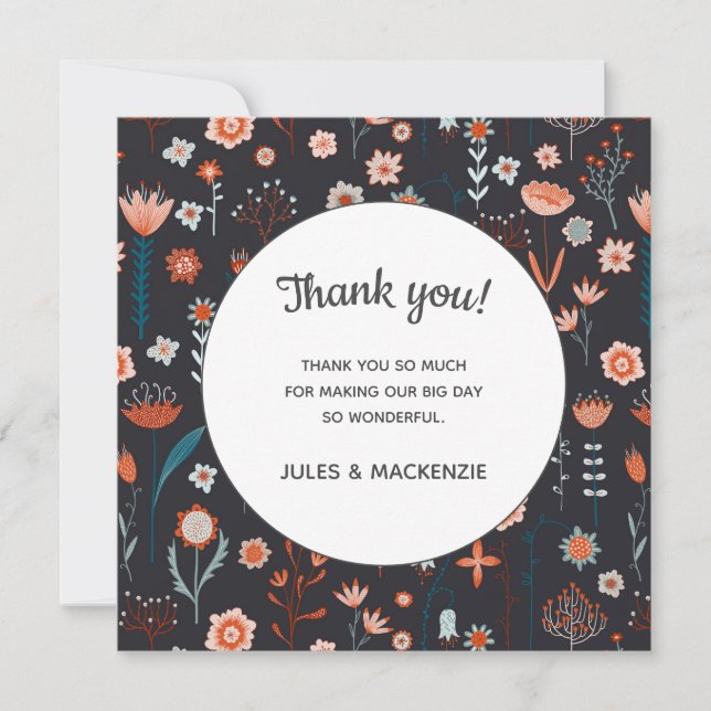 Scandinavian Summer Flowers Dark Boho  Thank You Card (Front)