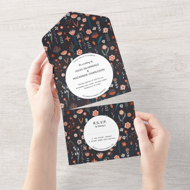 Scandinavian Summer Flowers Dark Boho Wedding All In One Invitation (Tearaway)