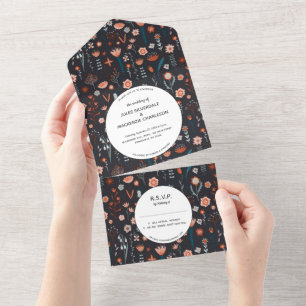 Scandinavian Summer Flowers Dark Boho Wedding All In One Invitation