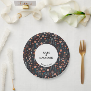 Scandinavian Summer Flowers Dark Boho Wedding Paper Plate