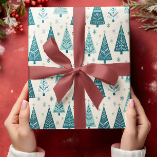 Scandinavian Teal Christmas Trees Folk Art Pattern Wrapping Paper