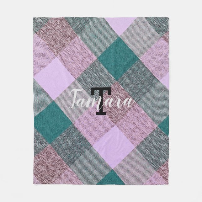Scandinavian Teal Pink Plaid Monogram Name Fleece Blanket (Front)