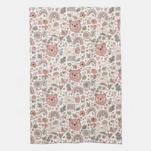 Scandinavian Teddy Bear Boho Pattern Kitchen Towel