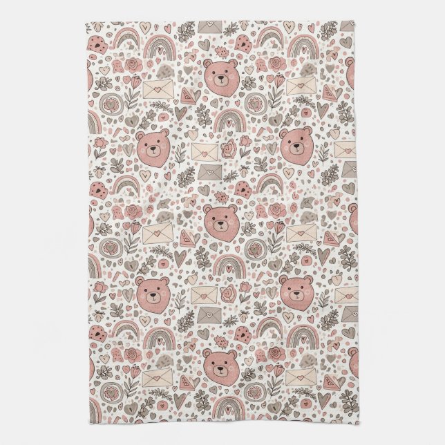 Scandinavian Teddy Bear Boho Pattern Kitchen Towel (Vertical)