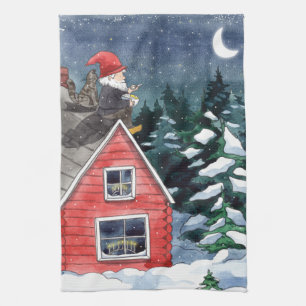 Scandinavian Tomten Christmas Gnome Watercolor Kitchen Towel