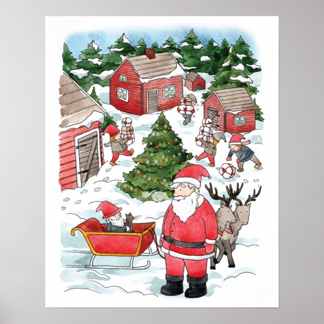 Scandinavian Tomten Christmas Village Watercolor  Poster (Front)