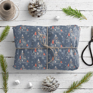 Scandinavian Tree Reindeer Animal Snowflake Blue Wrapping Paper