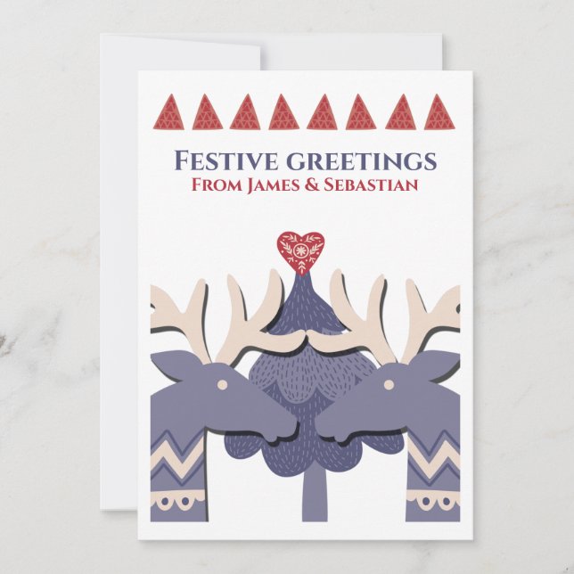 Scandinavian Two Male Reindeer Gay Personalized Holiday Card (Front)