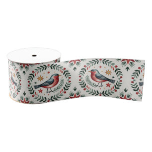 Scandinavian Vintage Christmas Folk Art Pattern Grosgrain Ribbon