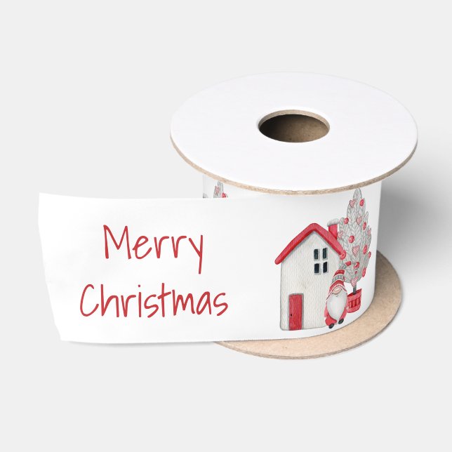 Scandinavian Watercolor Gnome,House Christmas Tree Satin Ribbon (Spool)