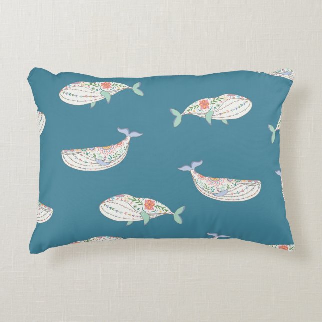 Scandinavian whale, sea animals pattern accent pillow (Front)