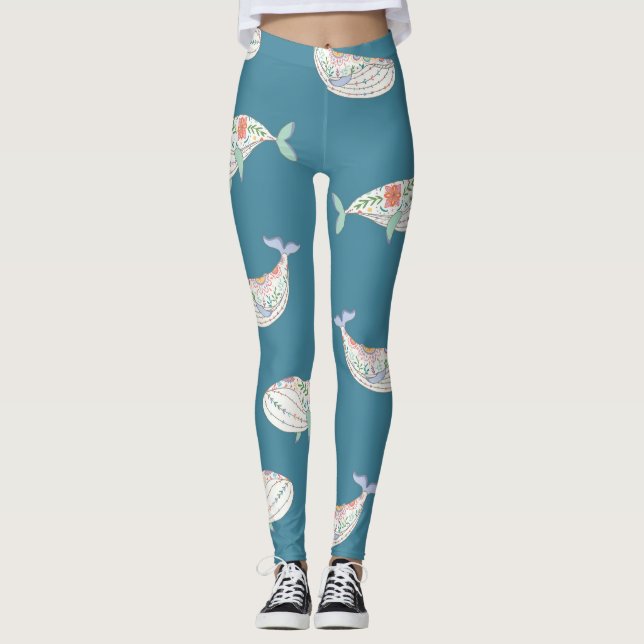 Scandinavian whale, sea animals pattern leggings (Front)