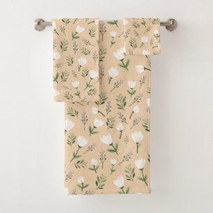 Scandinavian white Floral Bath Towel Set