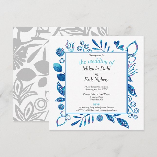 Scandinavian Winter Blue Floral Pattern Wedding Invitation (Front/Back)