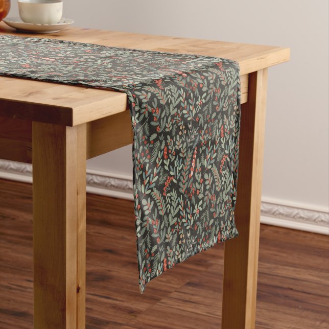 Scandinavian Winter Floral and Berry Holiday Dog Short Table Runner (In Situ)