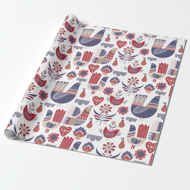 Scandinavian Winter Floral Birds Wrapping Paper (Unrolled)