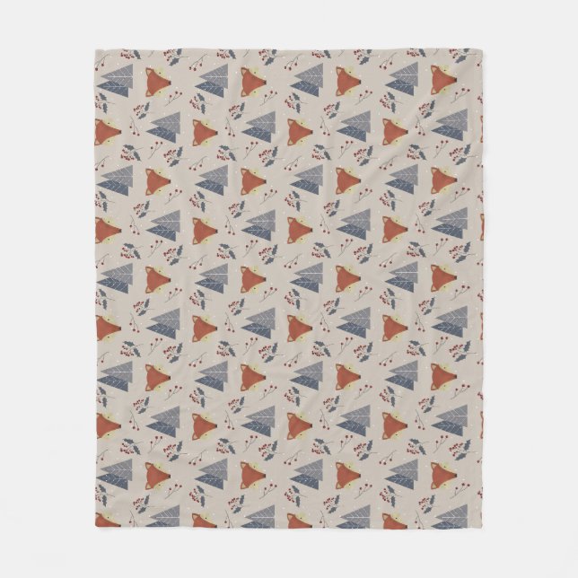 Scandinavian Winter Fox & Holly Forest  Fleece Blanket (Front)