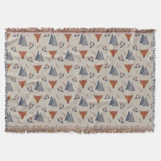 Scandinavian Winter Fox & Holly Forest  Throw Blanket (Front)