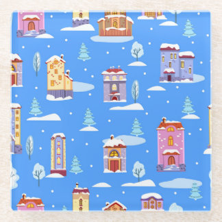 Scandinavian Winter Houses Snow Pattern Glass Coaster