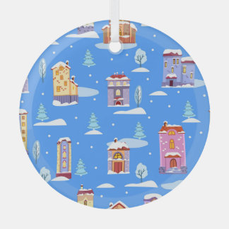 Scandinavian Winter Houses Snow Pattern Glass Ornament