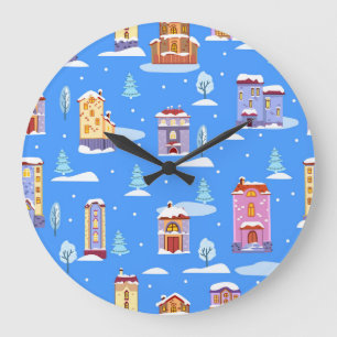 Scandinavian Winter Houses Snow Pattern Large Clock