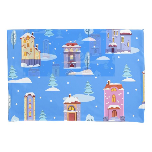 Scandinavian Winter Houses Snow Pattern Pillowcase (Front)