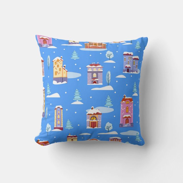 Scandinavian Winter Houses Snow Pattern Throw Pillow (Front)