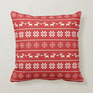 Scandinavian Winter Pattern - Red & White Throw Pillow