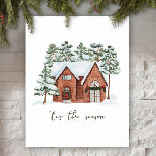 Scandinavian Winter Pine Forest Farm House Holiday Poster