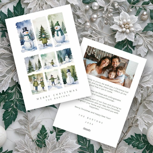 Scandinavian Winter Scene Snowmen Snowy Forest Holiday Card (Christmas Scandinavian Style Winter Scenes Snowmen and Snowy Forest Landscape Holiday Cards.)