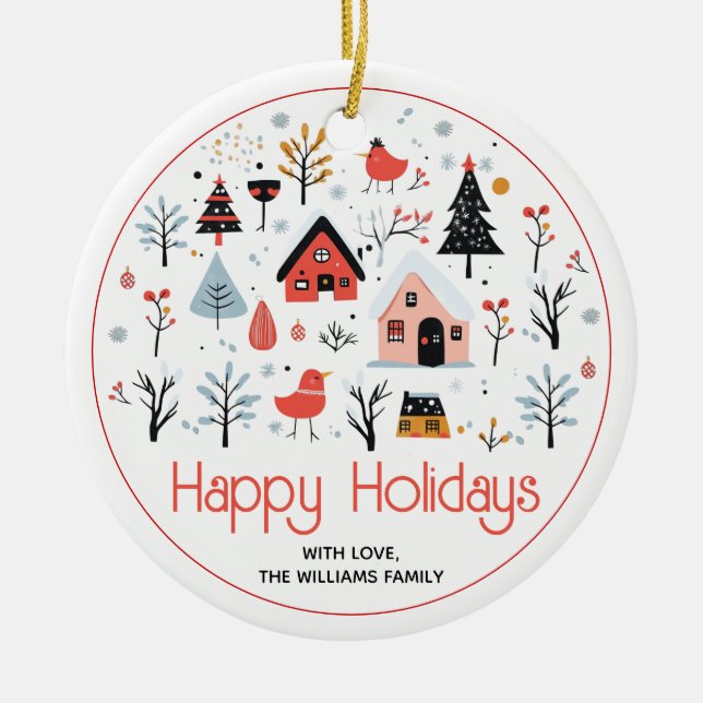 Scandinavian winter sceney Christmas holiday Ceramic Ornament (Front)