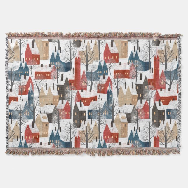 Scandinavian Winter Small Town Pattern Throw Blanket (Front)