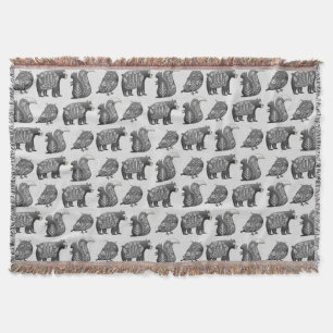 Scandinavian Woodland Animal Art Grey Pattern Throw Blanket