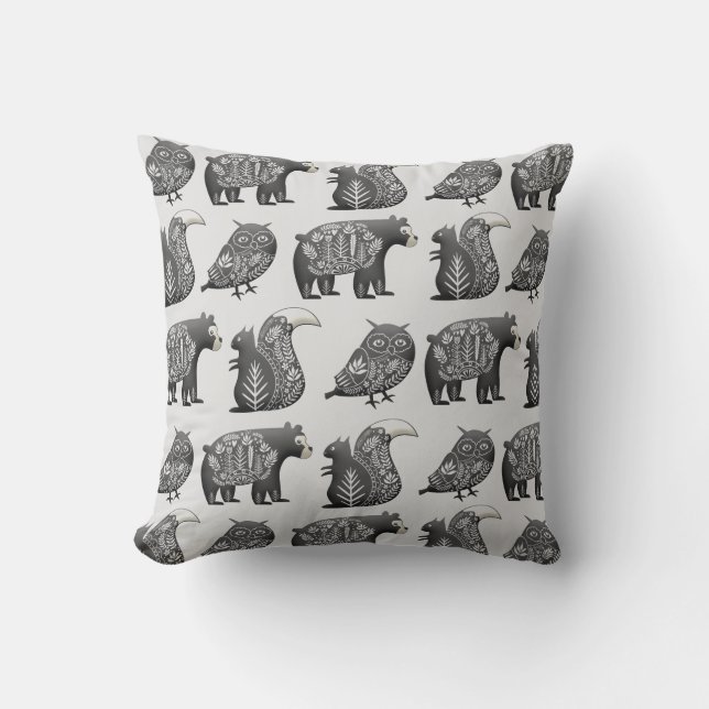 Scandinavian Woodland Animal Art Grey Pattern Throw Pillow (Front)