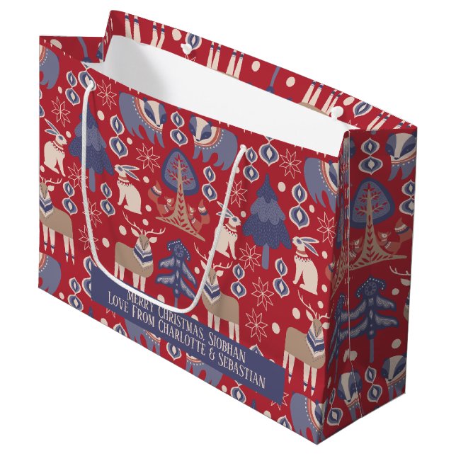 Scandinavian Woodland Personalized Christmas Large Gift Bag (Front Angled)