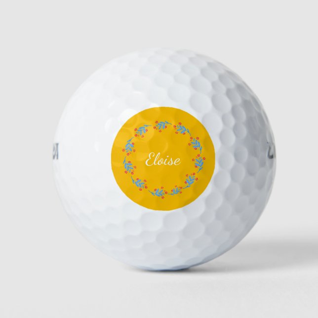 Scandinavian Yellow Folk Floral Wreath Custom Name Golf Balls (Front)