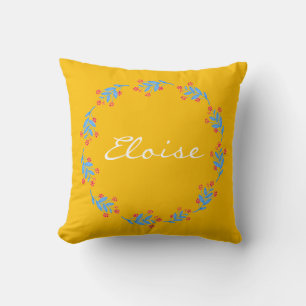 Scandinavian Yellow Folk Floral Wreath Custom Name Throw Pillow