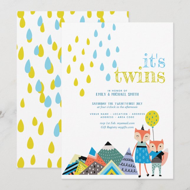 Scandinavie Folk Art TWINS Baby showers Invitation (Devant / Derrière)