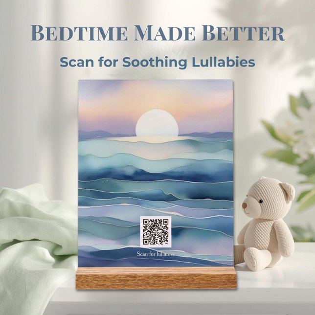 Scannable Lullaby QR Code Nursery Art Acrylic Sign (Calming blue wave nursery art with a simple scan-to-play lullaby feature—perfect for a sleepy baby.)