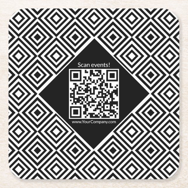 Scannable QR-code, CTA and www Black & White Event Square Paper Coaster (Front)