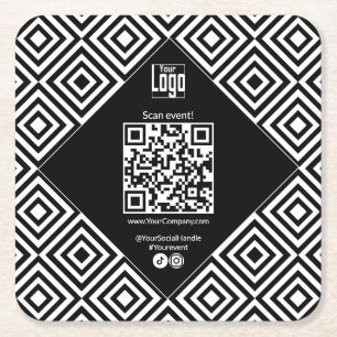 Scannable QR-code, CTA, www, Social Black & White  Square Paper Coaster