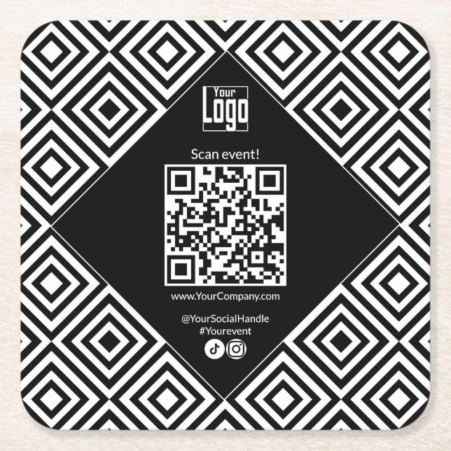 Scannable QR-code, CTA, www, Social Black & White  Square Paper Coaster (Front)