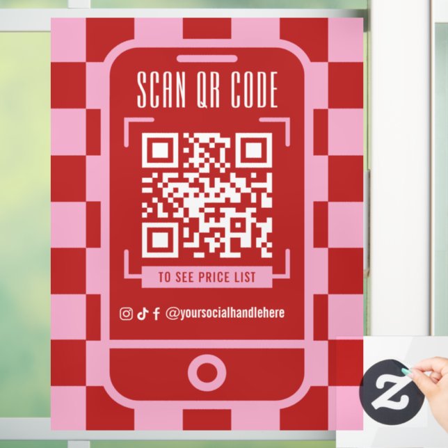Scannable QR Code Retro Red & Pink Business Shop Window Cling (Home)
